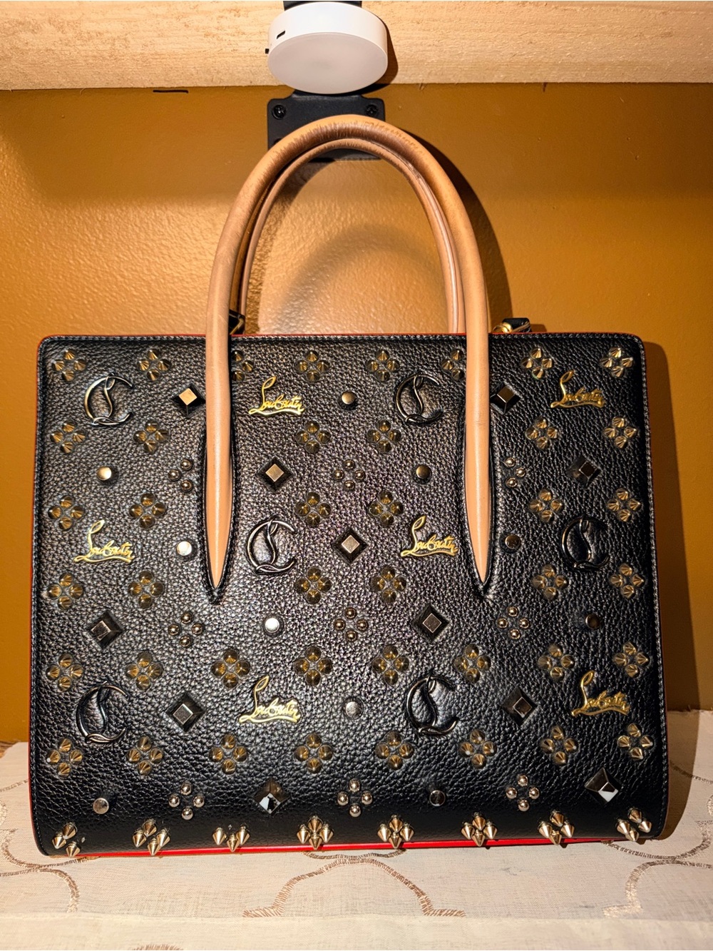 Christian Louboutin Paloma Medium Black Tote with Tan Handles and Gold Accents